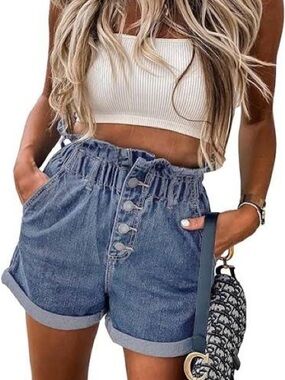 SONG paper bag denim shorts featuring a button fly /cuffed hems Size Large